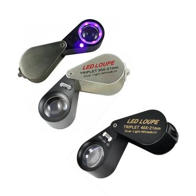 Pocket Mini 10X 20X 30X 40X Metal Jeweler Loupe LED UV Light Jewelry Stamps Diamond Magnifier 21mm Triplet Optical Lens