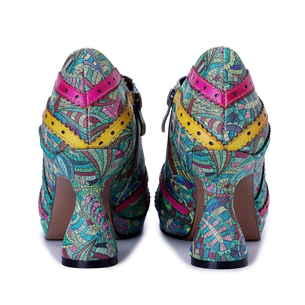 Johnature Genuine Leather Pumps Handmade Splicing Printed Color Contrasting Fashion Women's High Heels