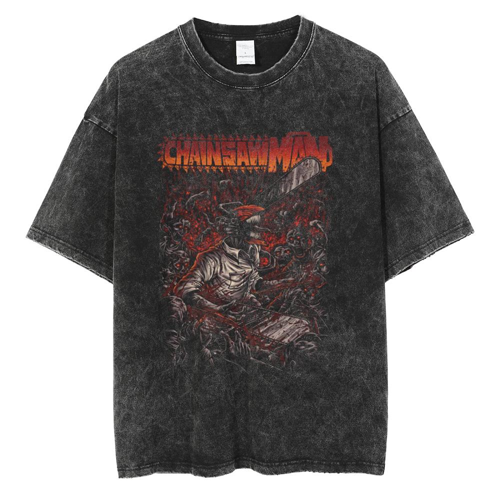 Anime Chainsaw Man Pochita Kawaii Printed Washed Tshirt Men Vintage Casual Tshirts Manga Cotton T Shirt Harajuku Male Tops
