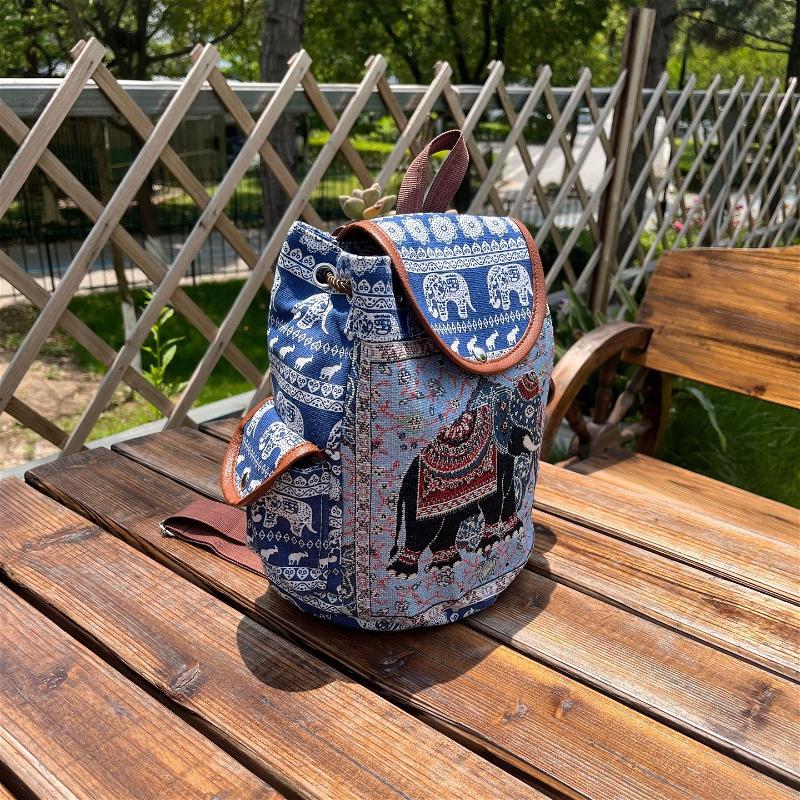 Damen Ethnisch Elefantenmuster Rucksack Leinwand Kordelzug Schultasche Vintage Reise Tagesrucksack Umhängetasche