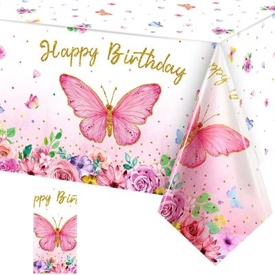 Pink Purple Butterfly Waterproof Tablecloth Spring Butterfly Theme Birthday Party Decoration Girl 1st Birthday Party Baby Shower