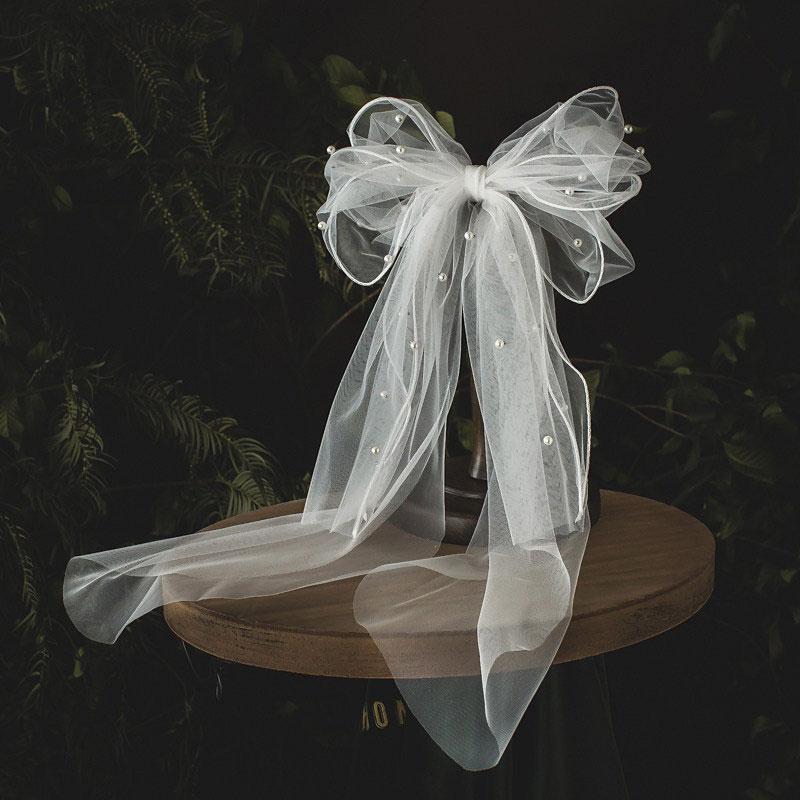 1Pc Chiffon Versatile Bow Hair Clip Bride Pearl Sweet Netting Hair Clip Veil