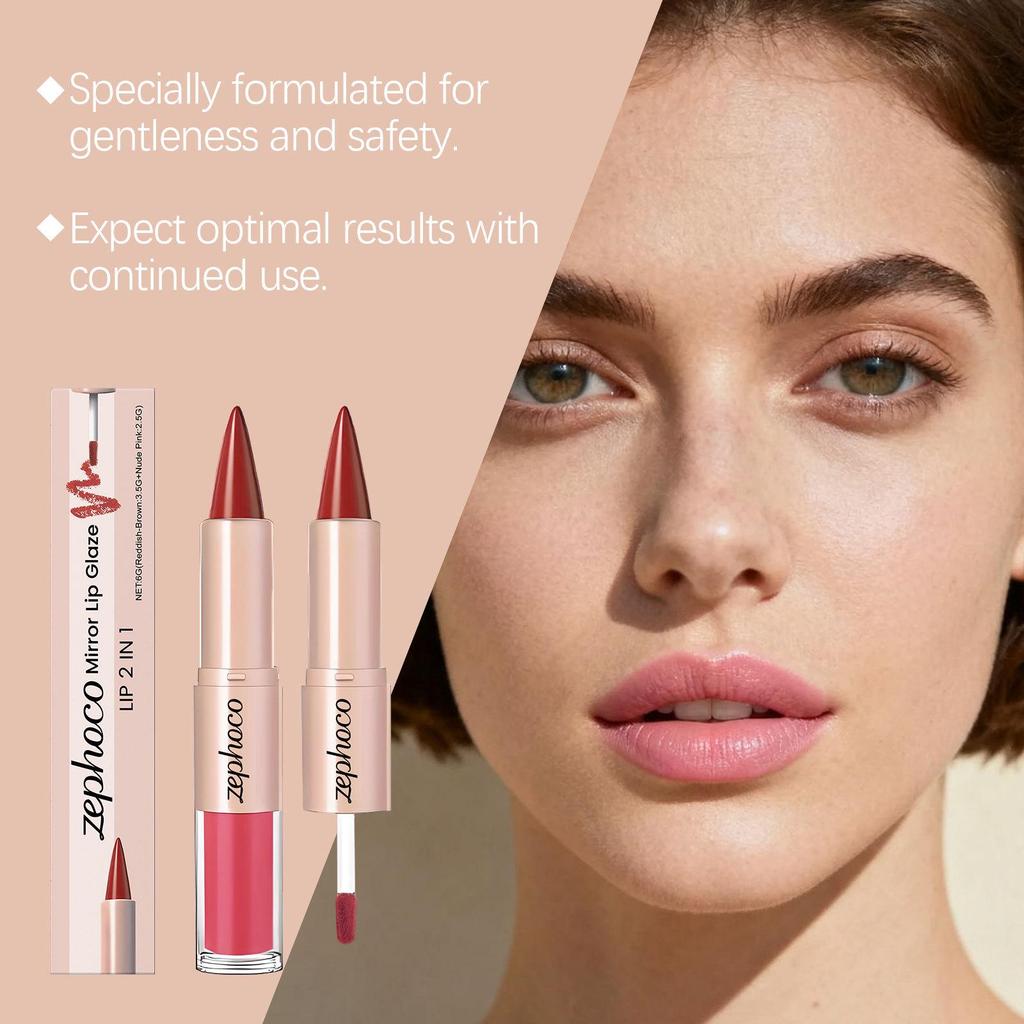 Zephoco Zweifarbiger Spiegel-Lipgloss - Feuchtigkeitsspendend, Seidiges Rotbraun & Nude-Rosa