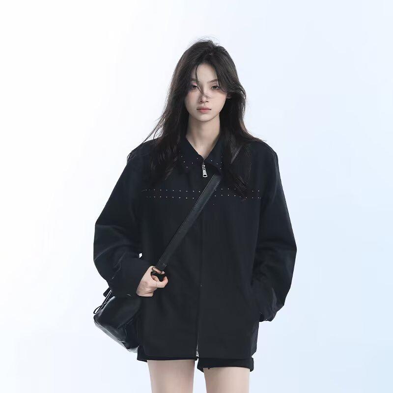 

Женская черная куртка с лацканами на заклепках - Осенняя свободная посадка больших размеров, трендовый бренд L чёрный