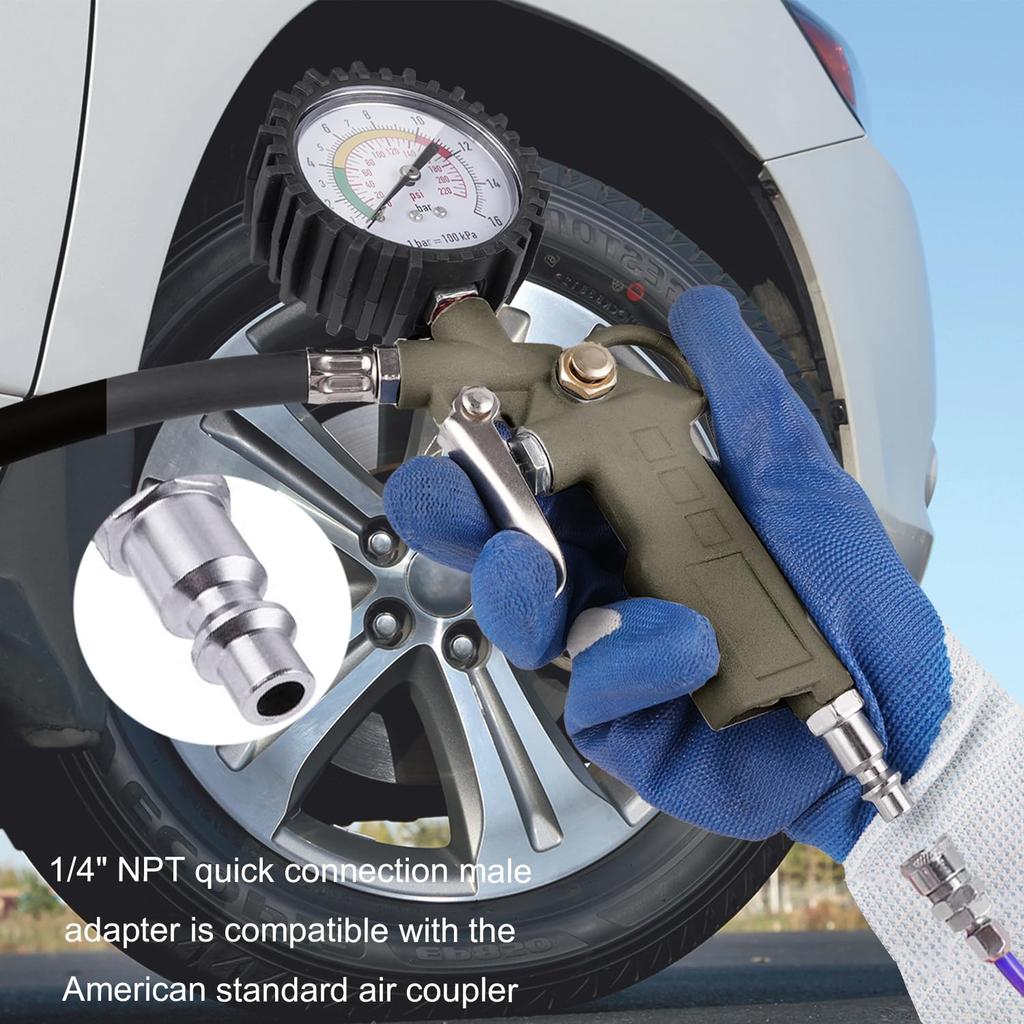 Tire Inflator With Pressure Gauge, 0-220PSI Dial Wheel Air Tire Pressure Gauge, Heavy Duty Rubber Hose With Quick Coupler, Air Compressor Tire