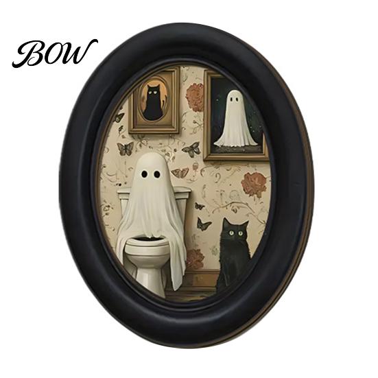 Gothic Farmhouse Decor Halloween Wooden Door Hanging Sign, Oval Black Cat Ghost Wall Plaque, Retro Painting Waterproof Art for Entryway Bedroom Cafe,