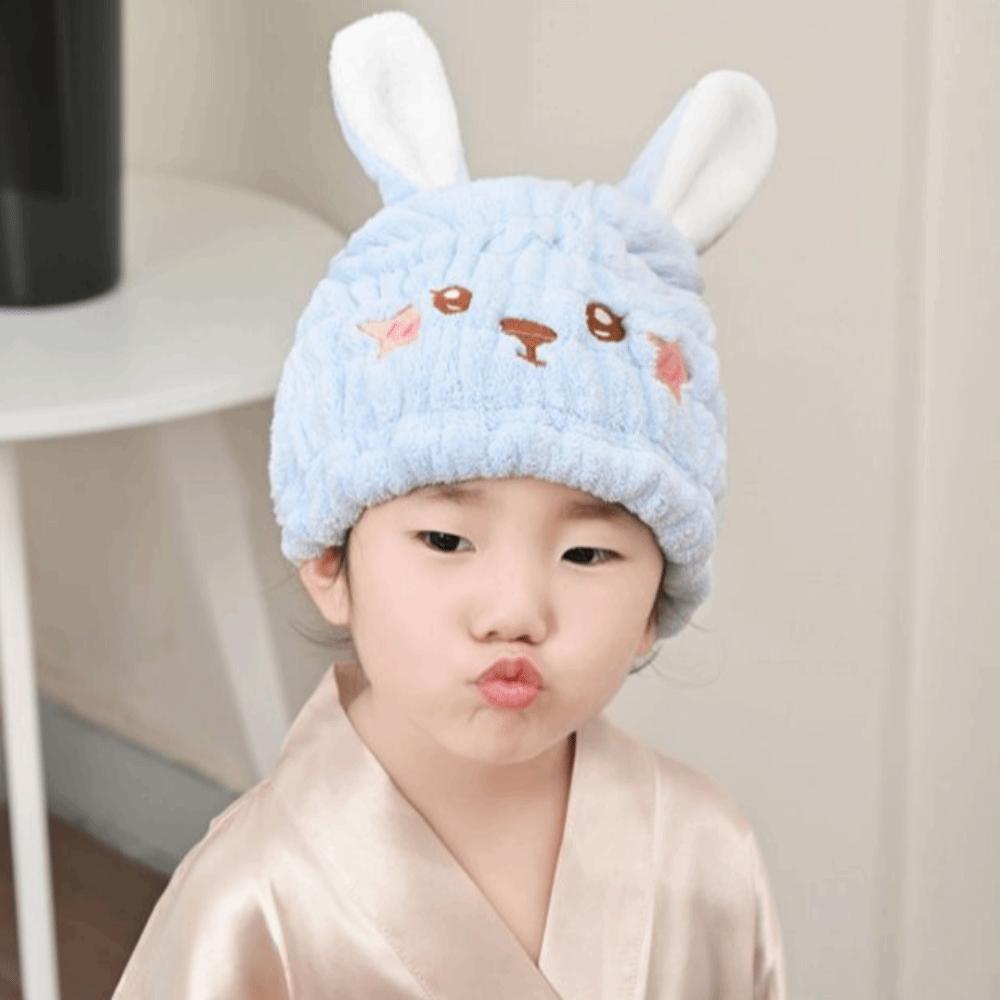 Thickened Children's Dry Hair Cap Absorbent Creative Elastic Round Cap Cartoon Rabbit Head Design Hair Drying Towel Home Use