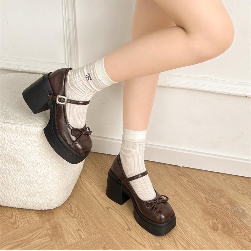 Plattform Tjock Hög Kvinnor Mary Jane Skor Damer Koncisa Utomhuspumps Vår Höst Damklänning Läderskor