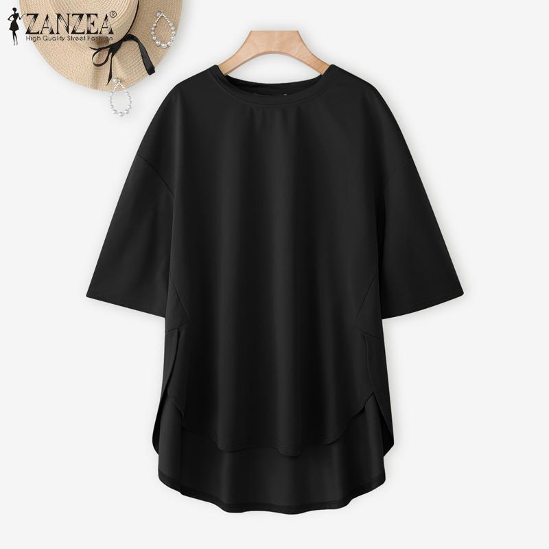 ZANZEA T-shirts Casuais Femininas de Gola Redonda, Bainha Irregular Soltas de Manga Curta