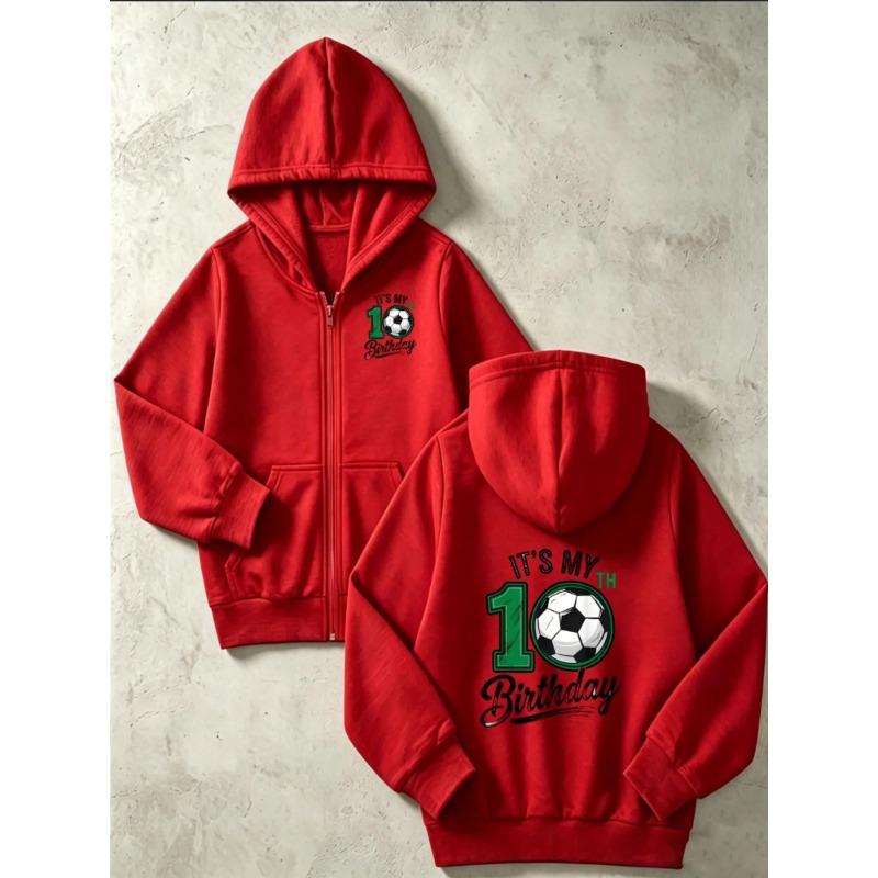 Kid Zip Up Hoodie Soccer Ball Letter Graphic Print Long Sleeve Loose Hooded Jacket Boys Sports Outerwear