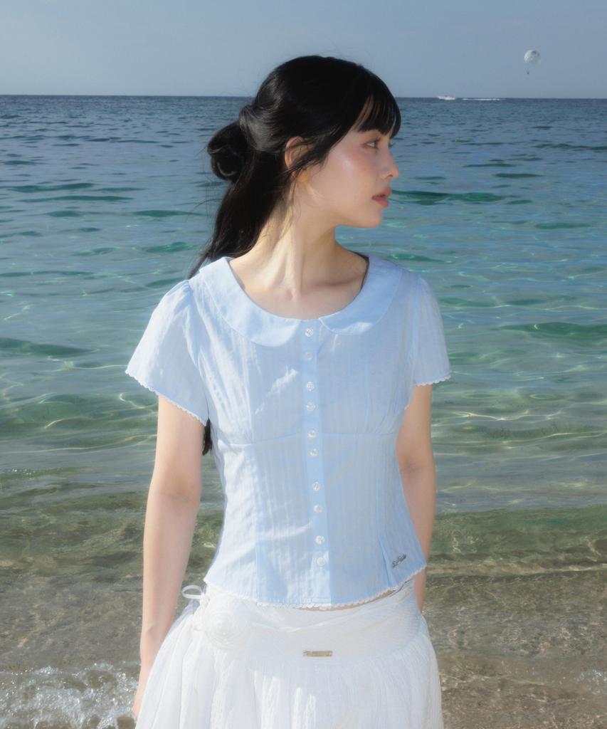 ROSEFRANTZ Round Collar Short Sleeve Blouse [Sky Blue]