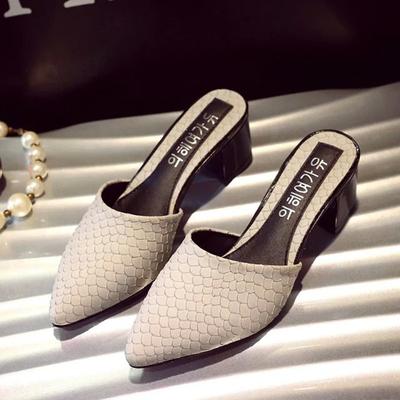 Women Chic Figure Fish Scale Platform Pointed Toed Med Chunky Heel Half Scuff Mujer Lady Girls Casual Slippers Shoes Mules 785