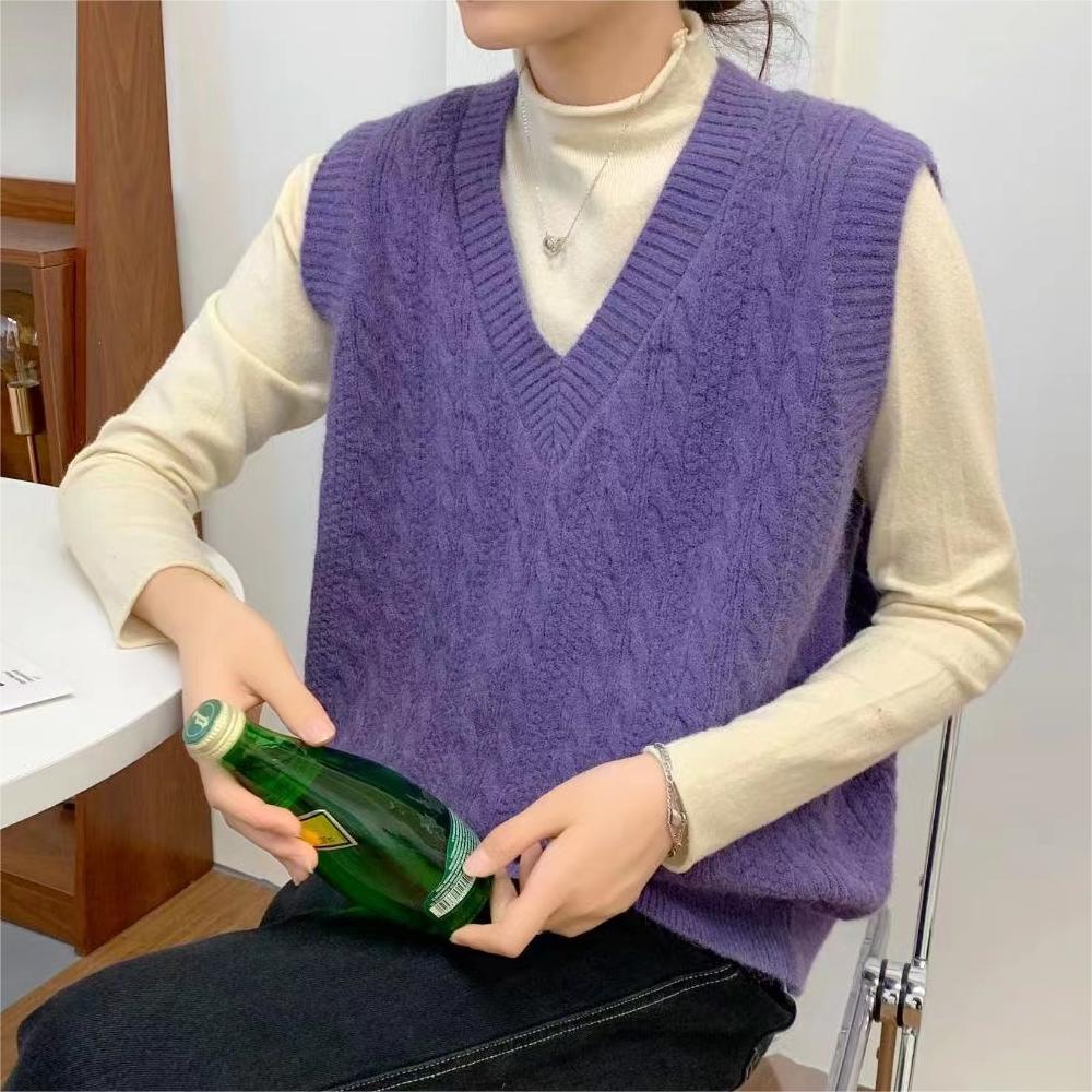 WTEMPO Preppy styl Bez rukávů Pleteniny Dámské Podzim Zima Jednobarevné Ležérní Svetry Výstřih do V Pletené Vesty