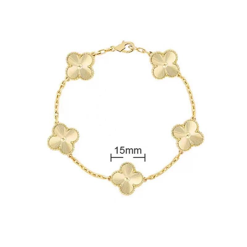 

Высококачественный браслет из 18-каратного розового золота с лазерной белой перламутровой вставкой, красным халцедоном 15 мм, четырехлистным клевером и пятью цветами для женщин