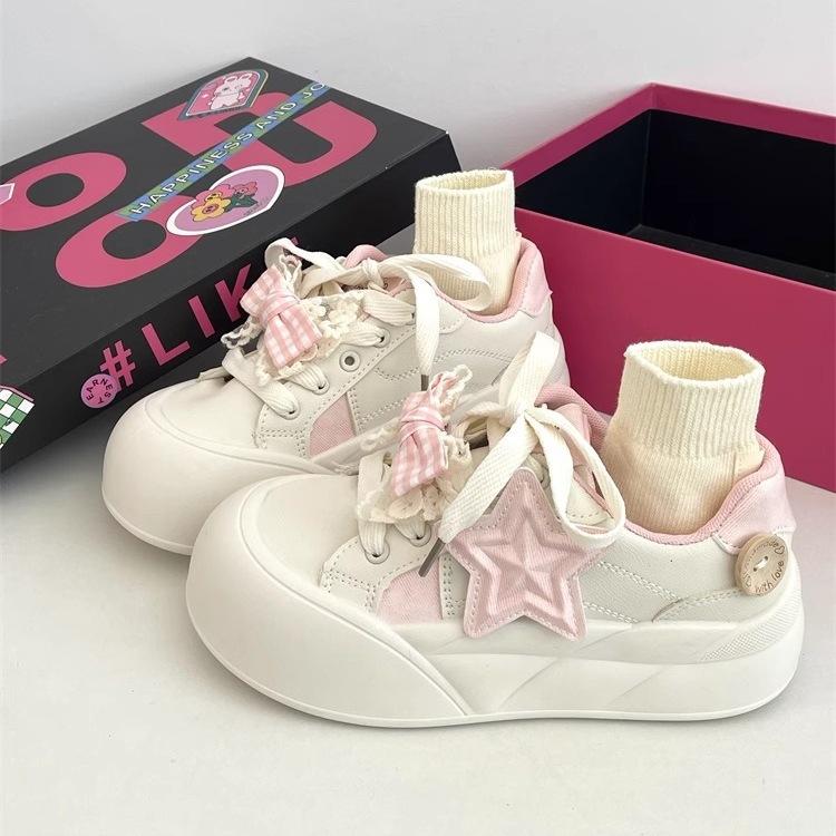 2025 New Cute Star Design Sneakers for Female Pink Bowknot Thick-soled Sneaker Women's Casual Tennis Shoes Zapatillas De Mujer