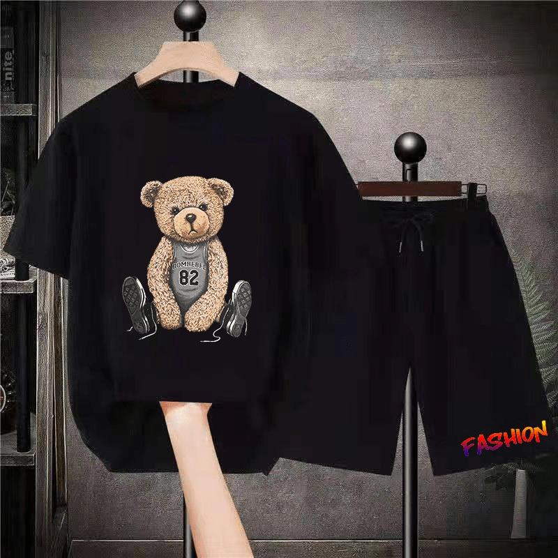 Korean Brand Bear Print T-shirt Men's Cotton Short-sleeved Oversized T-shirt Hip-hop Retro Suit Unisex Free Shipping