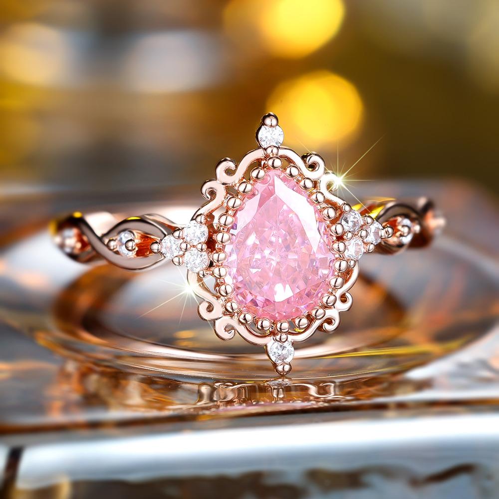 Exquisite Prinzessin Rosa Wassertropfen Zirkon Ringe für Damen Luxus Roségold Farbe Hochzeitsparty Fingerring Schmuck Geschenk