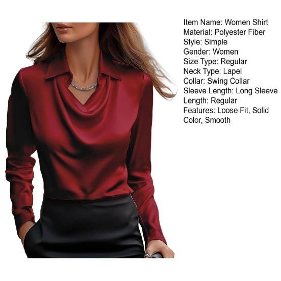 Women Shirt Lapel Swing Collar Long Sleeve Casual Loose Fit Shirt Solid Color Versatile Smooth