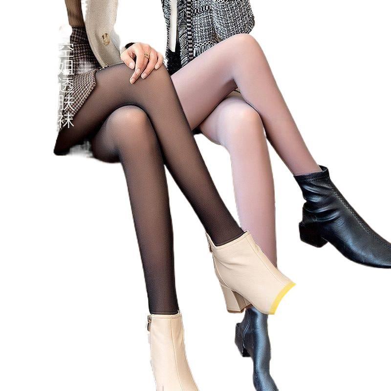 Grey-Black See-Through Base Layer Leggings with Fleece - Women’s Spring/Autumn/Winter Style for Bare Legs Look