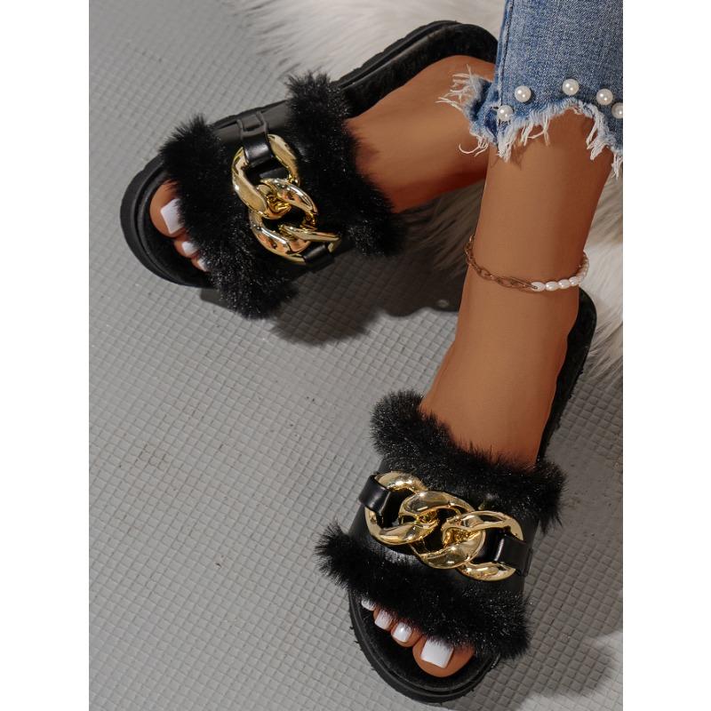 Large size new flat bottom one-word metal chain Mao Mao drag comfortable casual one-word slippers women