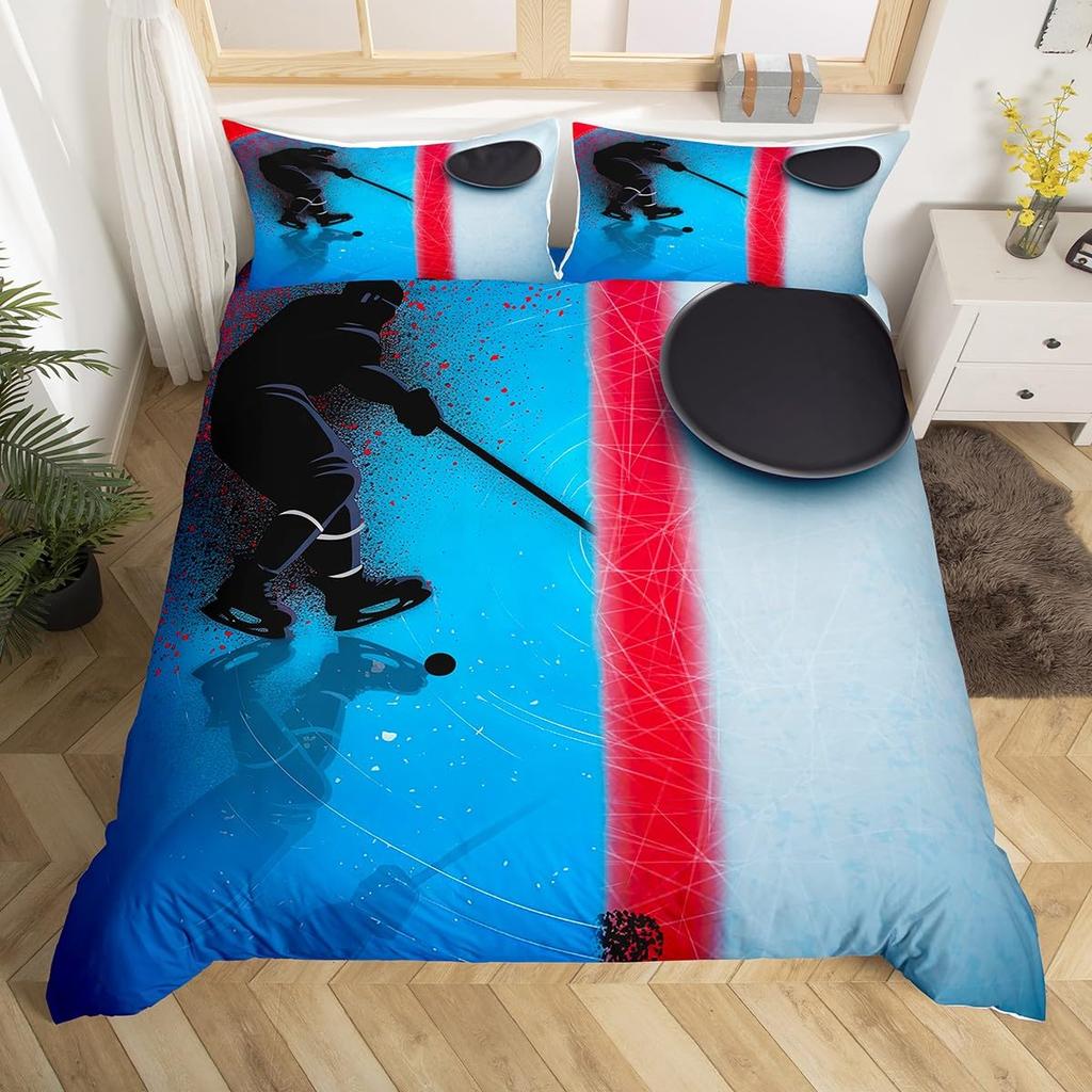 Capa de Edredom Graffiti Hóquei no Gelo Conjunto de Cama Esporte de Inverno Crianças Meninos Jogador de Hóquei Capa de Edredom Aquarela Esportes Capa de Colcha