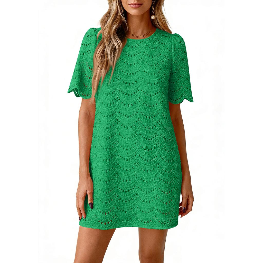 Summer Casual Short Dresses Embroidered Lace Short Sleeve Boho Dress Beach Vacation Clothes