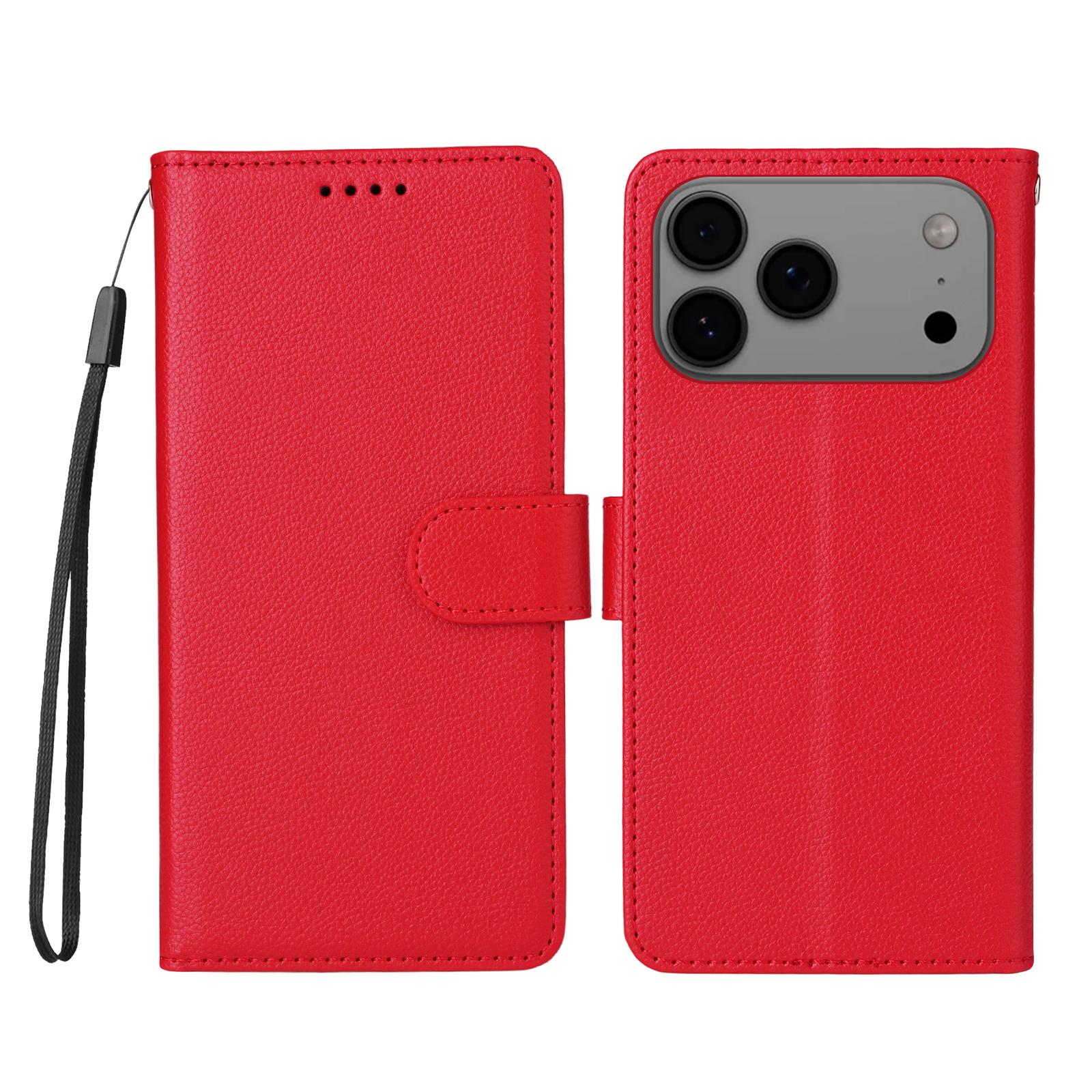 

For iPhone 17 Pro Max Case RFID Blocking 3 Card Slots PU Leather Phone Cover with Wrist Strap Red