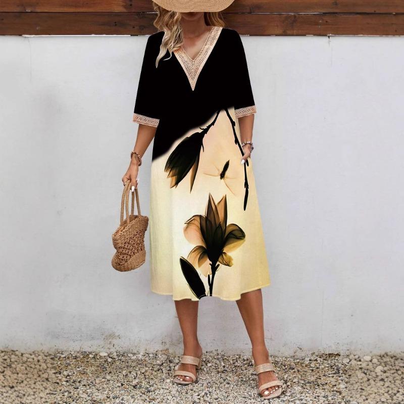 Damen Frühling/Sommer Bedrucktes Kurzarmkleid Spitze V-Ausschnitt Locker Swing Kurzarm Mittellanges Kleid
