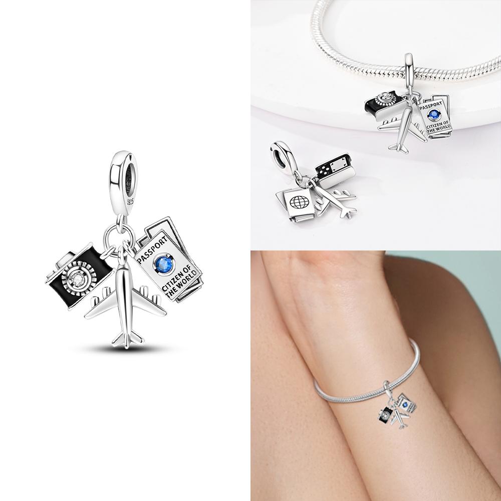 Charms 925 Silver Blue Suitcase Airplane Earth Beads Fit Bracelet Women Necklace Jewelry Diy Phone Charms