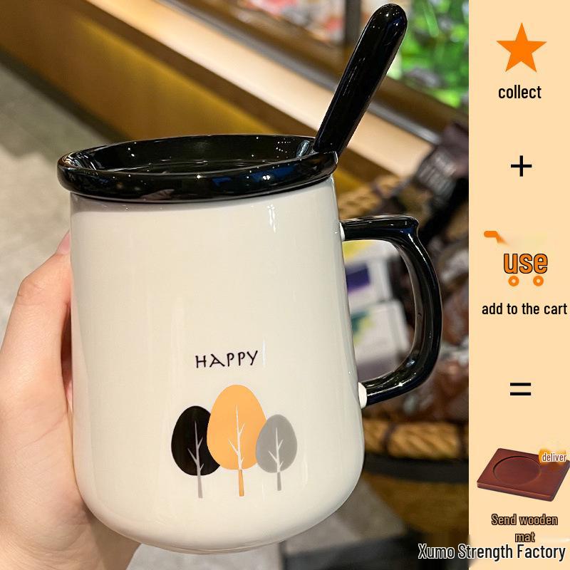 Ceramic Mug with Lid & Spoon - Cute Children's Design, Perfect for Home, Office, or Breakfast Coffee