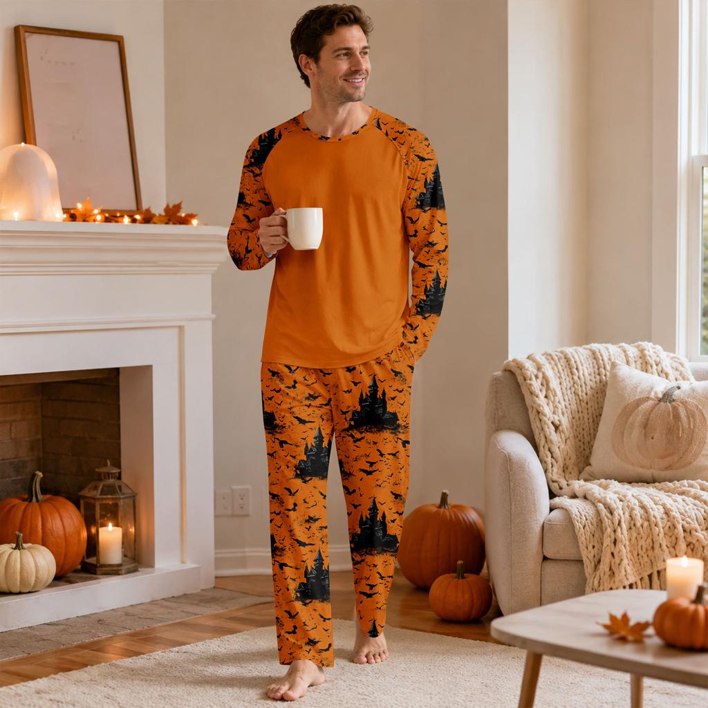 Men's Halloween Pajama Set with Long Sleeve Round Neck Top and Pants for Comfortable Sleep