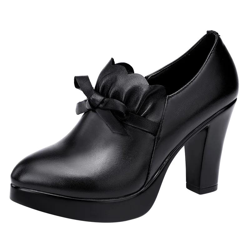 9cm 11cm Small Size 32-43 Elegant Black Bow Block High Heels Shoes for Office Model 2025 Thick Bottom Deep Mouth Platform Pumps