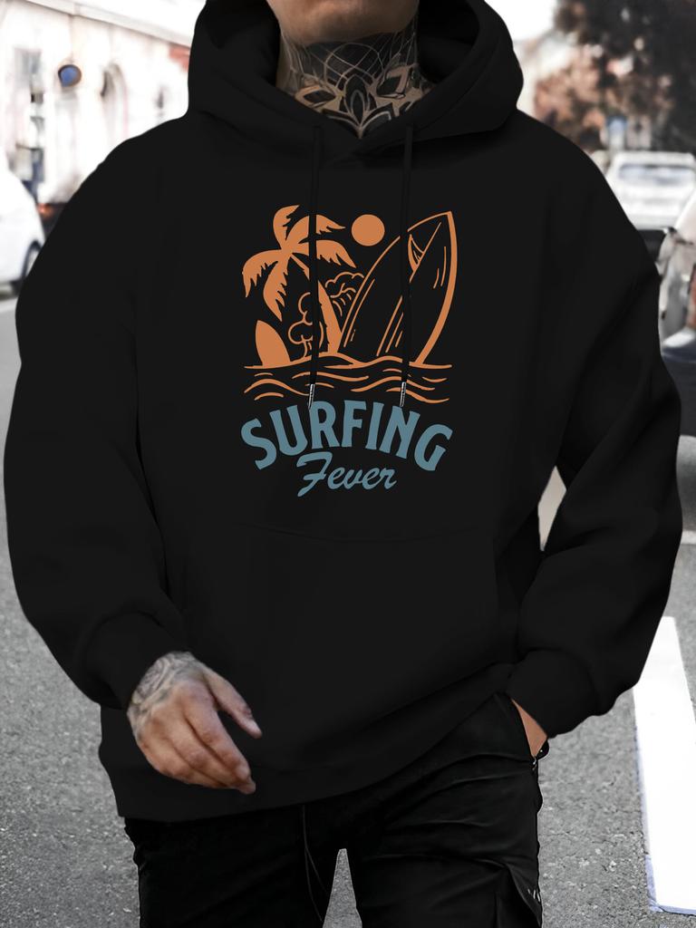 Unisex New Style Surf Letter Print Casual Hoodie with Drawstring, Fashionable Long-Sleeve Pullover for Autumn/Winter - Comfortable and Versatile