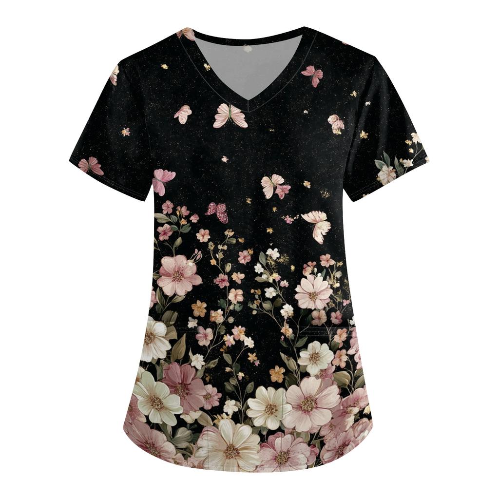 Loose Fit V Neck Short Sleeve Medical Scrub Top with Pockets for Nurses Caregivers Floral Print Comfortable Workwear