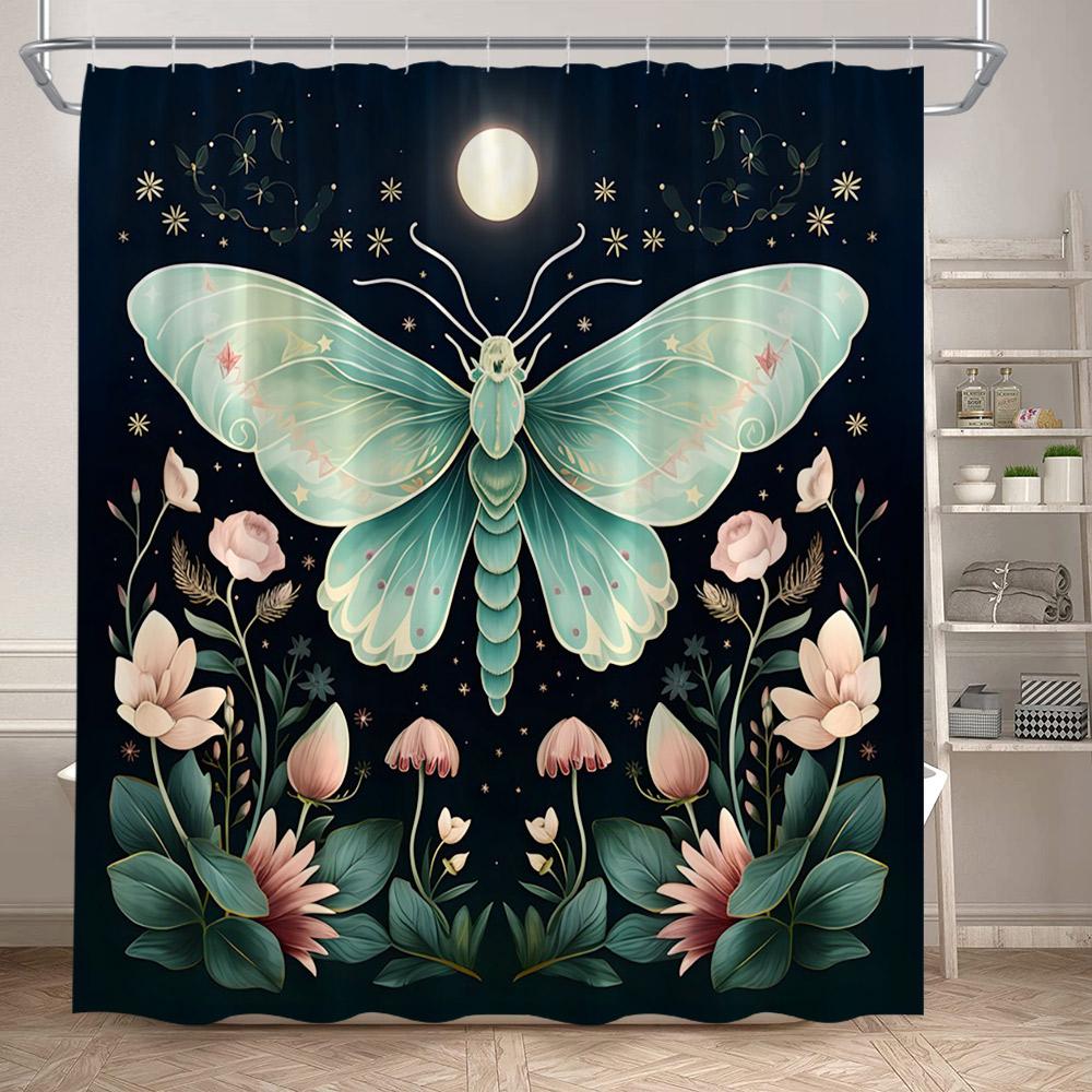 Rustic Floral Moth Shower Curtains Vintage Boho Art Dragonfly Flowers Green Plants Bathroom Curtain Polyester Fabric Home Decor