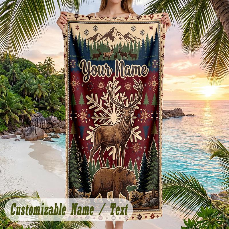 Winter Snowman Celebration Theme Quick Dry Beach Towel Custom Name Text Print Large Sand Resistant Towel Beach Vacation