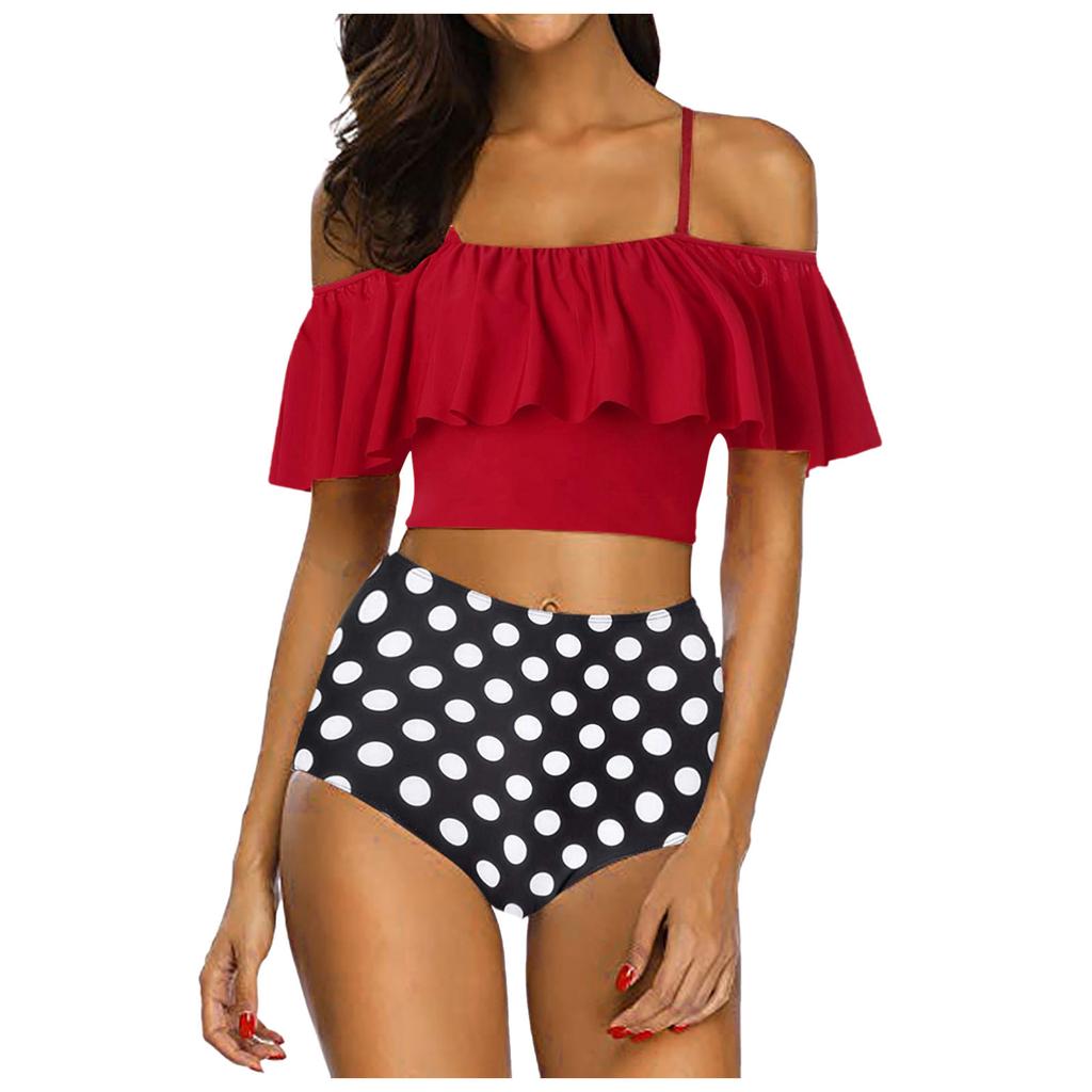Zweiteiliges Badeanzug-Oberteil für Damen mit Rüschen und hoch tailliertem Bikini-Set