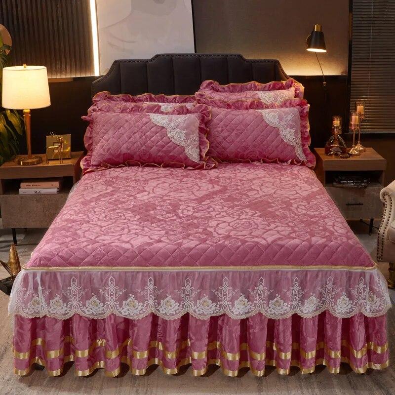 Winter Coral Fleece Zipper Removable Luxury Bedspread King Queen Thicken Velvet Quilted Bed Skirt Not Including Pillowcase