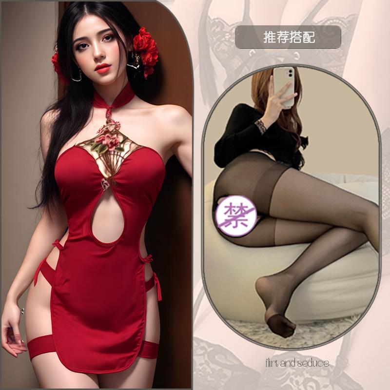 Sex underwear hollow embroidery uniform sexy retro sex cheongsam Republic of China style split cheongsam women's underwear