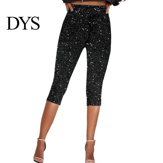 Sequin Bottoms Women Cropped Pants Elastic High Waist Skinny Fit Sequined Calf-length Shiny Sequins Vacation Travel Work Casual Comfortable