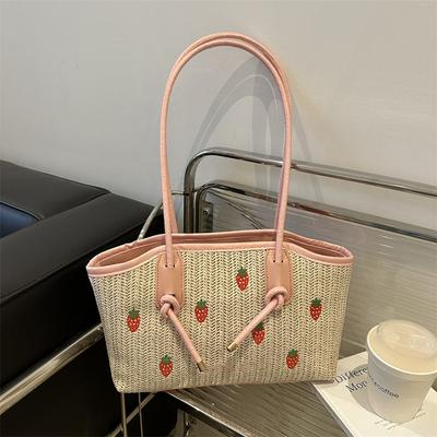 Summer Travel Woven Bag Tote Bag Women'S Pastoral Vacation Style Strawberry Embroidered Tote Bag Commuter Bag