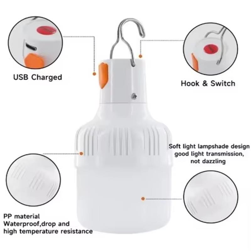 2PCS Outdoor Bulb Rechargeable Led Bulb Portable Hook Three-Level Brightness Durable Endurance Power Outage Emergency Bulb