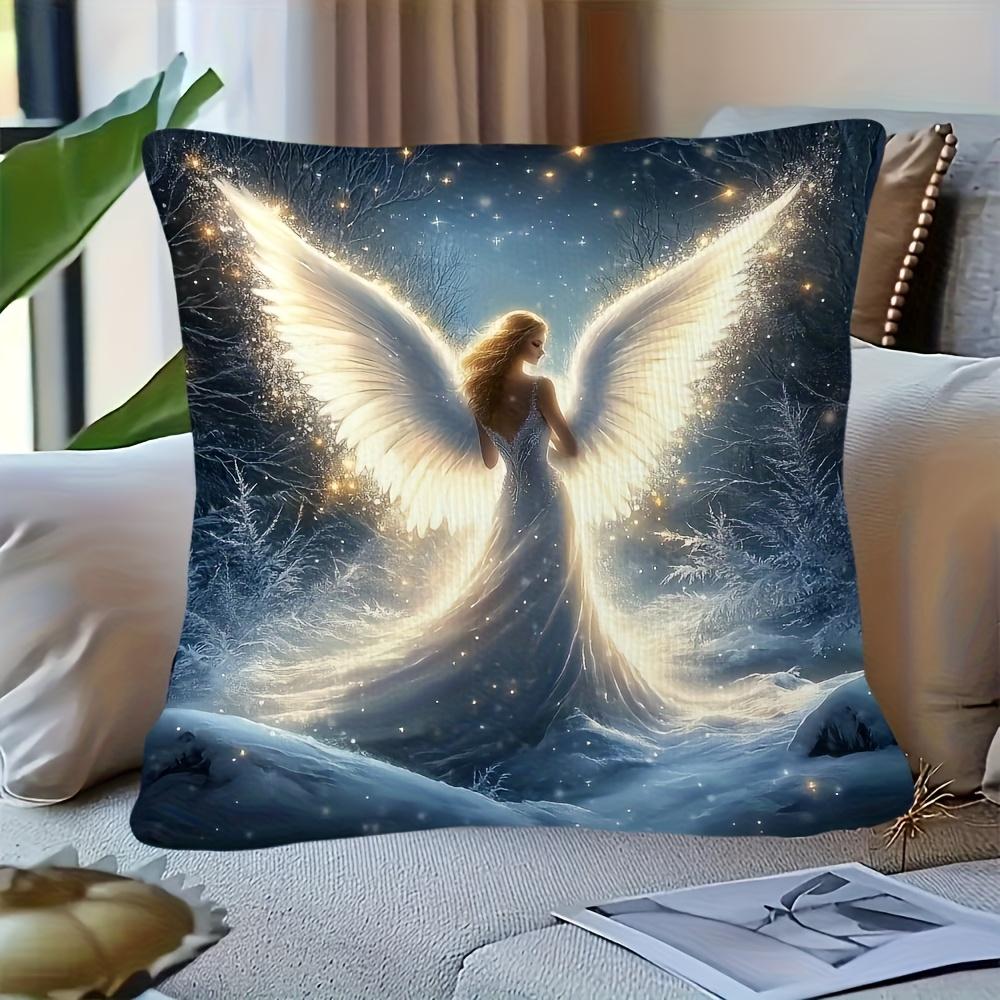 Magical Winter Angel Print Throw Pillow Cover Glowing Snowy Forest Angel Art Cushion Case For Enchanted Home Decor Couch