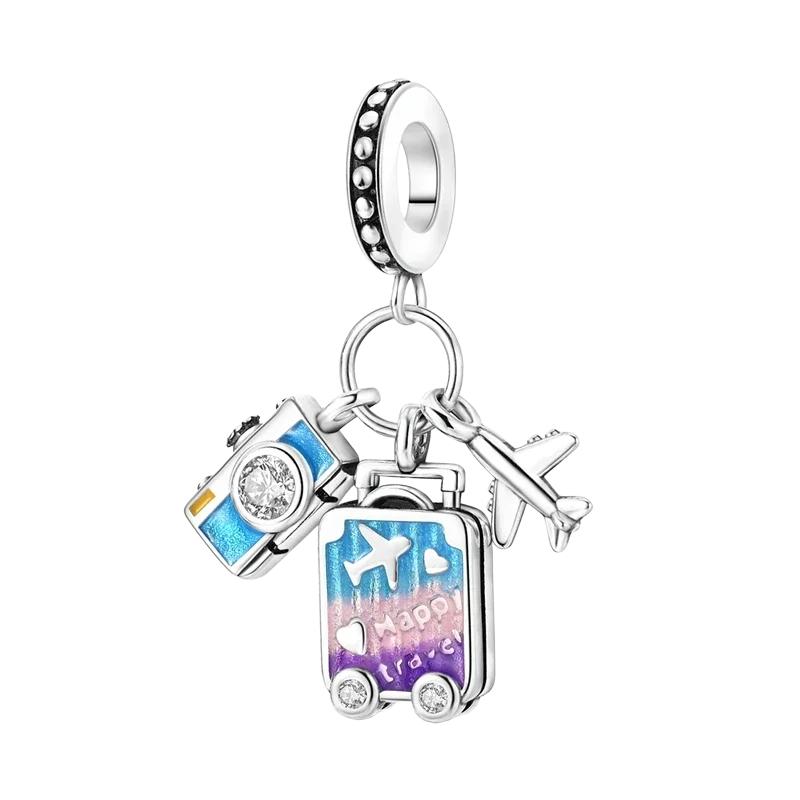 New Original Copper Travel Charms Airplane Luggage Earth Beads Pendants Fit Bracelet Necklace Diy Jewelry Gift