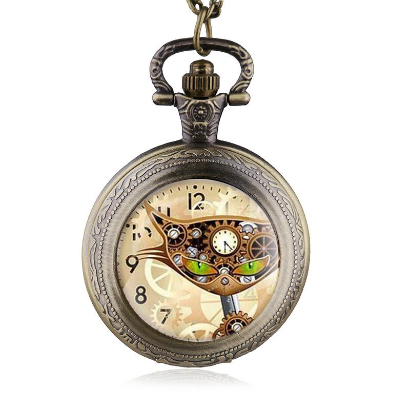 

Bronze Vintage Steampunk Cat Locket Necklace Pocket Watch Pendant Gift
