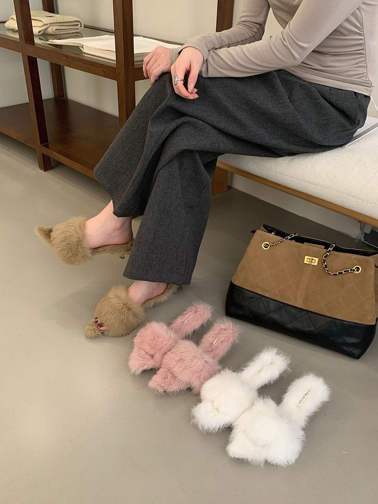 2025 autumn and winter new European and American pointed head slender heel long mink hair one-word slippers cat hair drag