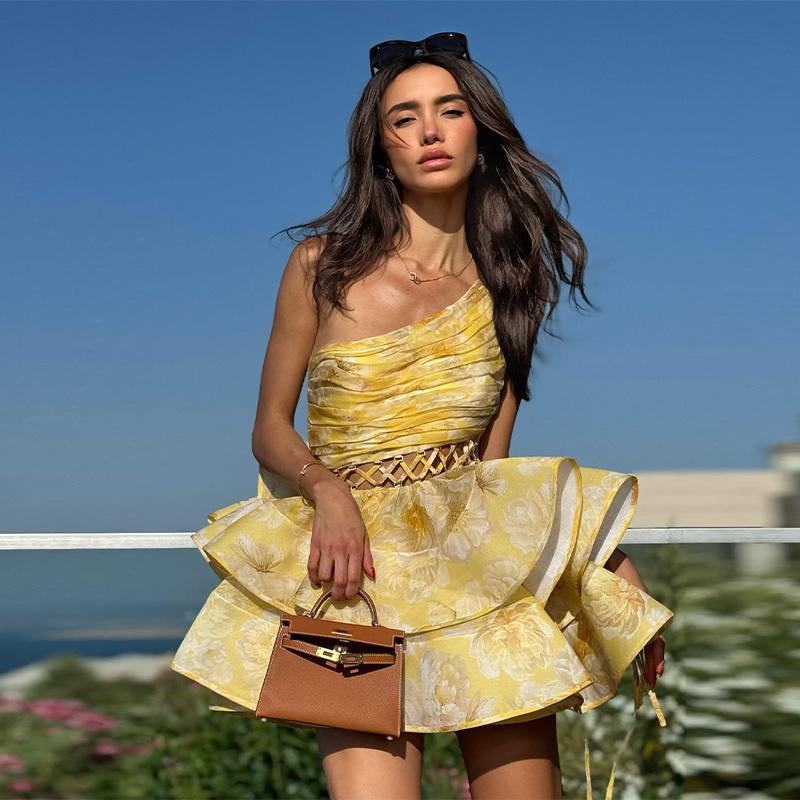 Printed Hollow Out Skew Collar Ruffled Hem Bubble Dress Women Backless High Waist Sleeveless Vacation Dresses Summer Street
