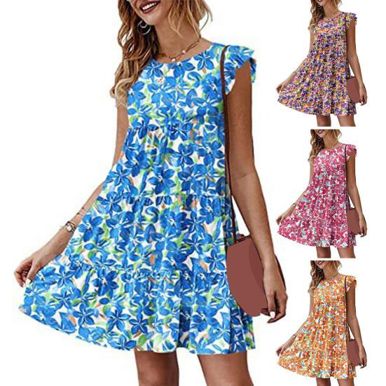 

Мини-платье с круглым вырезом и рукавами с рюшами и высокой талией, трапециевидной формы выше колена, женское платье с цветочным принтом и рюшами по подолу, женская одежда