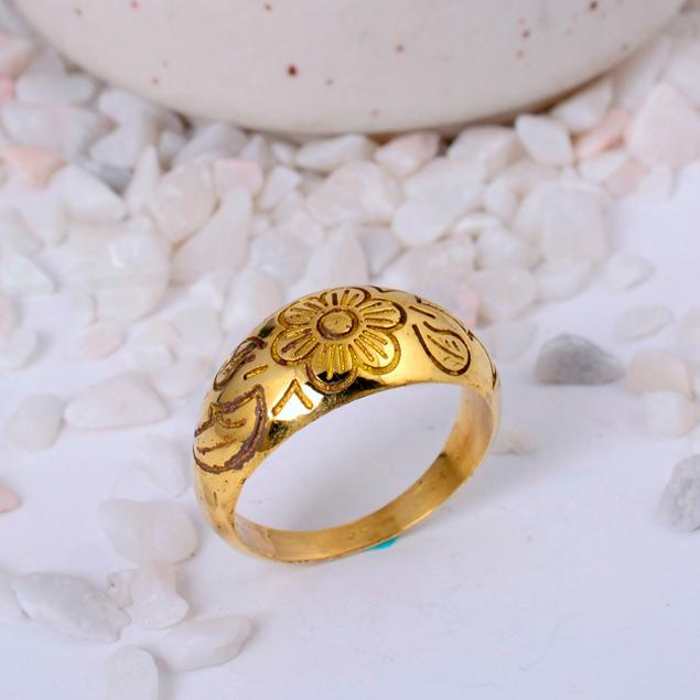 Engraved Gold Plated Dome Ring | Intricate Floral Band Ring | Vintage Style Brass Statement Jewelry for Women