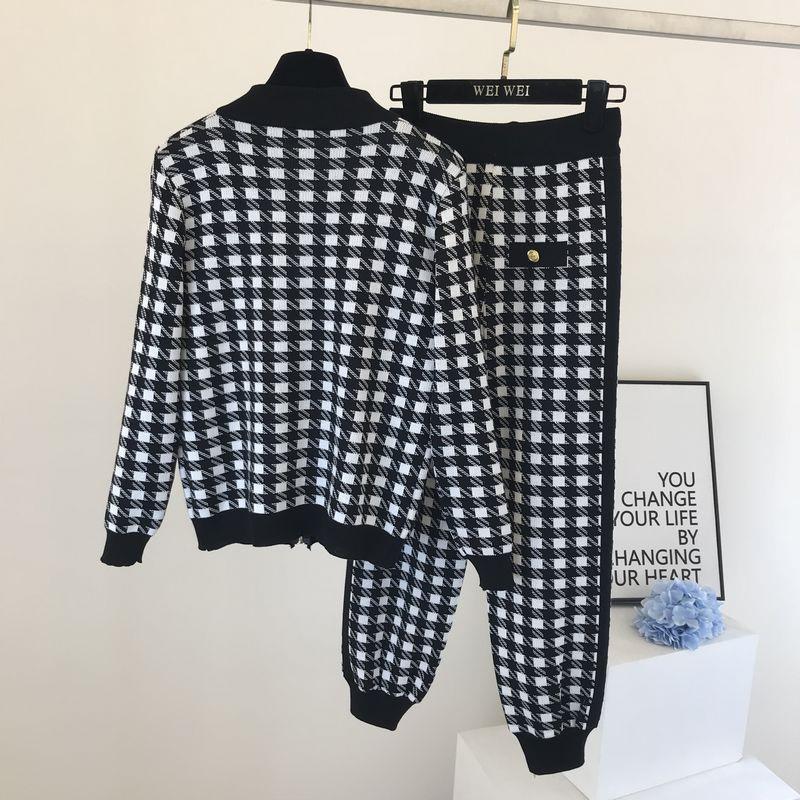 European Women's Houndstooth Knit Cardigan Two-Piece Set Casual Wear